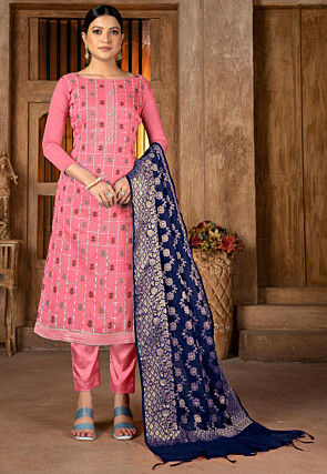 Woven Art Silk Jacquard Pakistani Suit in Peach
