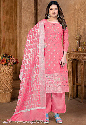 Woven Art Silk Jacquard Pakistani Suit in Peach