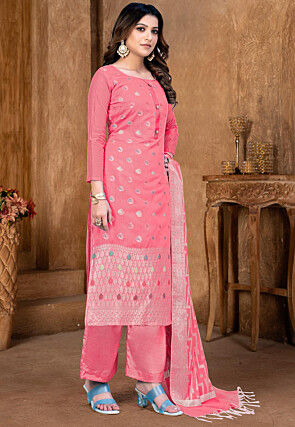 Woven Art Silk Jacquard Pakistani Suit in Peach