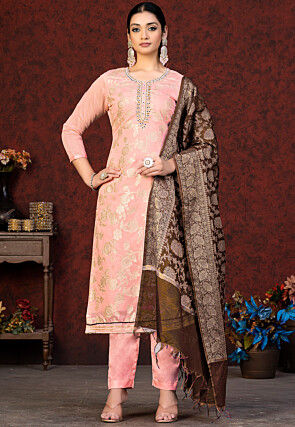 Woven Art Silk Jacquard Pakistani Suit in Peach