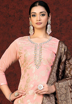 Woven Art Silk Jacquard Pakistani Suit in Peach