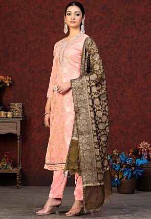 Woven Art Silk Jacquard Pakistani Suit in Peach