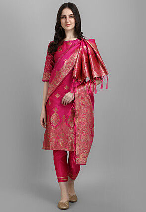 Woven Art Silk Jacquard Pakistani Suit in Pink