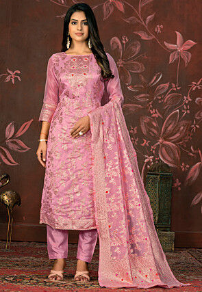 Woven Art Silk Jacquard Pakistani Suit in Pink
