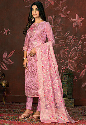 Woven Art Silk Jacquard Pakistani Suit in Pink