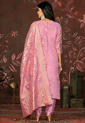 Woven Art Silk Jacquard Pakistani Suit in Pink