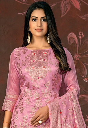 Woven Art Silk Jacquard Pakistani Suit in Pink
