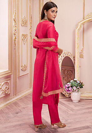 Woven Art Silk Jacquard Pakistani Suit in Pink