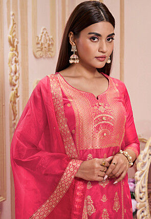 Woven Art Silk Jacquard Pakistani Suit in Pink