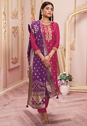 Woven Art Silk Jacquard Pakistani Suit in Pink