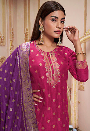 Woven Art Silk Jacquard Pakistani Suit in Pink