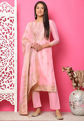 Woven Art Silk Jacquard Pakistani Suit in Pink