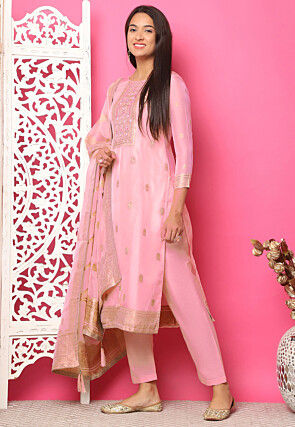 Woven Art Silk Jacquard Pakistani Suit in Pink