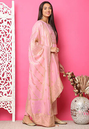 Woven Art Silk Jacquard Pakistani Suit in Pink