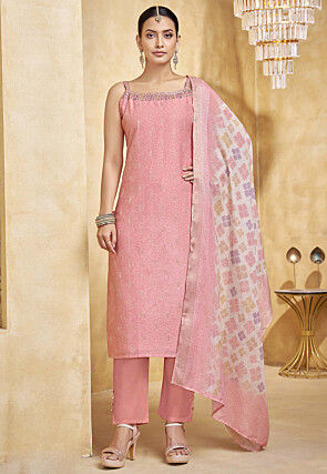 Woven Art Silk Jacquard Pakistani Suit in Pink