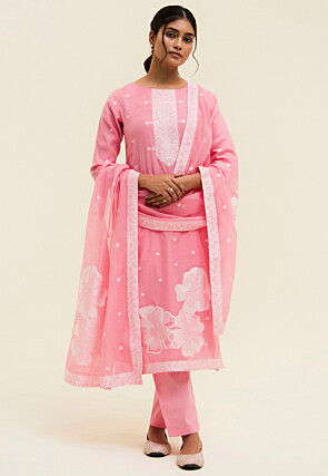Woven Art Silk Jacquard Pakistani Suit in Pink