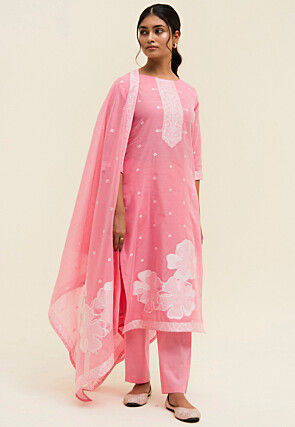 Woven Art Silk Jacquard Pakistani Suit in Pink