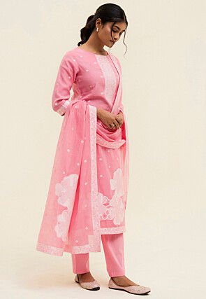 Woven Art Silk Jacquard Pakistani Suit in Pink