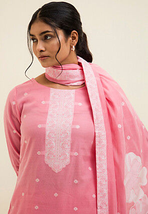 Woven Art Silk Jacquard Pakistani Suit in Pink
