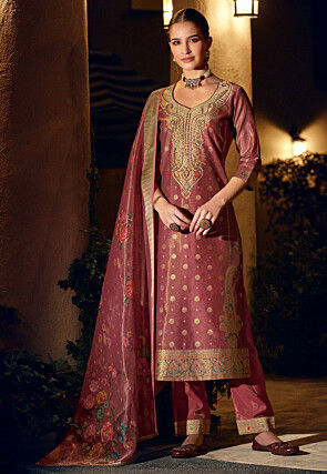 Woven Art Silk Jacquard Pakistani Suit in Pink