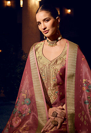 Woven Art Silk Jacquard Pakistani Suit in Pink