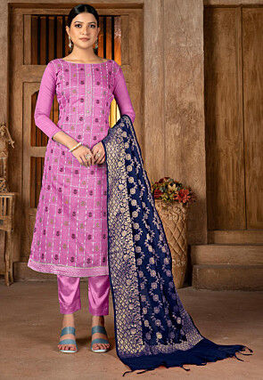 Woven Art Silk Jacquard Pakistani Suit in Pink