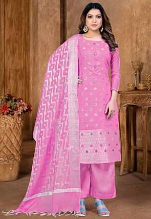 Woven Art Silk Jacquard Pakistani Suit in Pink