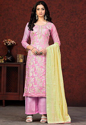 Woven Art Silk Jacquard Pakistani Suit in Pink