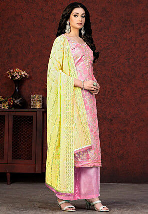 Woven Art Silk Jacquard Pakistani Suit in Pink