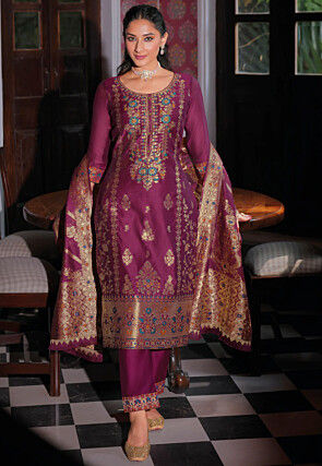 Woven Art Silk Jacquard Pakistani Suit in Purple