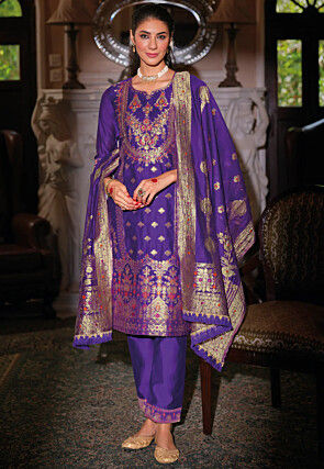 Woven Art Silk Jacquard Pakistani Suit in Purple