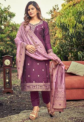 Woven Art Silk Jacquard Pakistani Suit in Purple