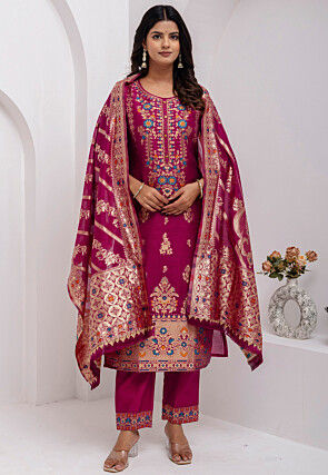 Woven Art Silk Jacquard Pakistani Suit in Purple