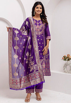 Woven Art Silk Jacquard Pakistani Suit in Purple