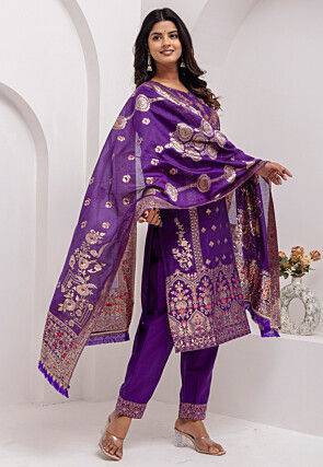 Woven Art Silk Jacquard Pakistani Suit in Purple