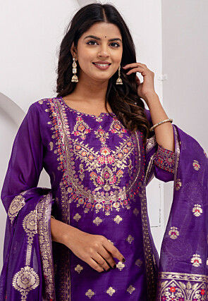 Woven Art Silk Jacquard Pakistani Suit in Purple