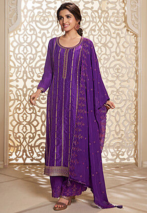 Woven Art Silk Jacquard Pakistani Suit in Purple