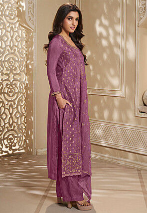 Woven Art Silk Jacquard Pakistani Suit in Purple