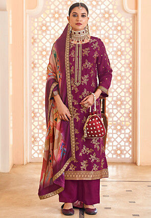 Woven Art Silk Jacquard Pakistani Suit in Purple