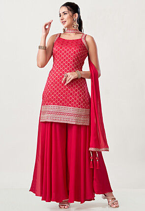 Woven Art Silk Jacquard Pakistani Suit in Red