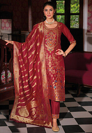 Woven Art Silk Jacquard Pakistani Suit in Red