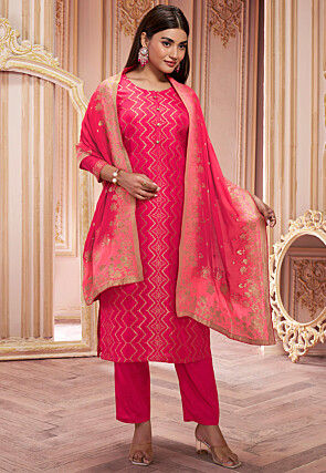 Woven Art Silk Jacquard Pakistani Suit in Red