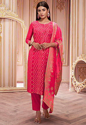 Woven Art Silk Jacquard Pakistani Suit in Red