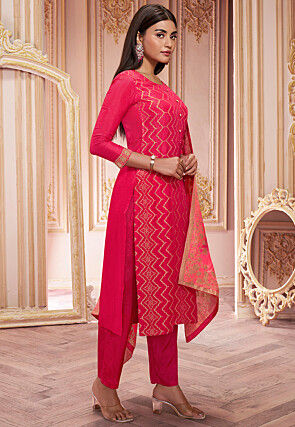 Woven Art Silk Jacquard Pakistani Suit in Red
