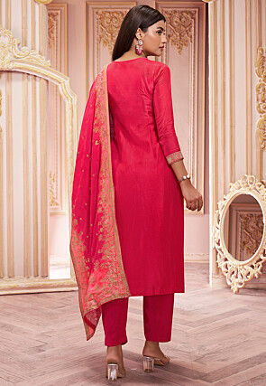 Woven Art Silk Jacquard Pakistani Suit in Red