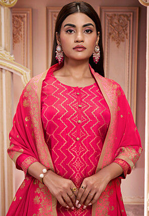 Woven Art Silk Jacquard Pakistani Suit in Red