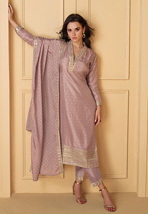 Woven Art Silk Jacquard Pakistani Suit in Rose Gold