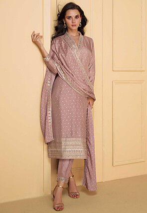 Woven Art Silk Jacquard Pakistani Suit in Rose Gold
