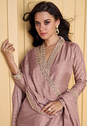 Woven Art Silk Jacquard Pakistani Suit in Rose Gold