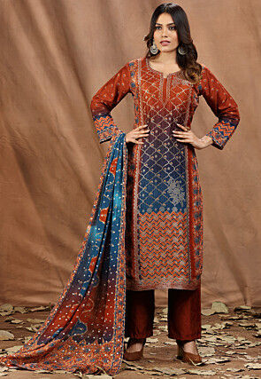 Woven Art Silk Jacquard Pakistani Suit in Rust